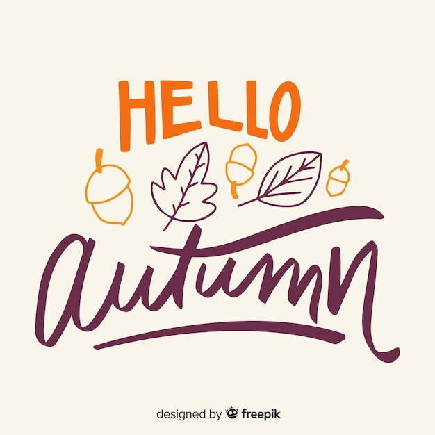 Fondo caligráfico de hola otoño con hojas
