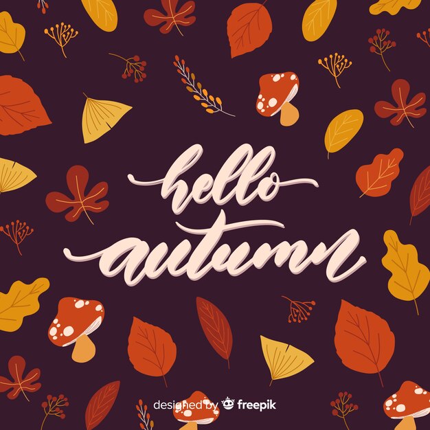 Fondo caligráfico de hola otoño con hojas