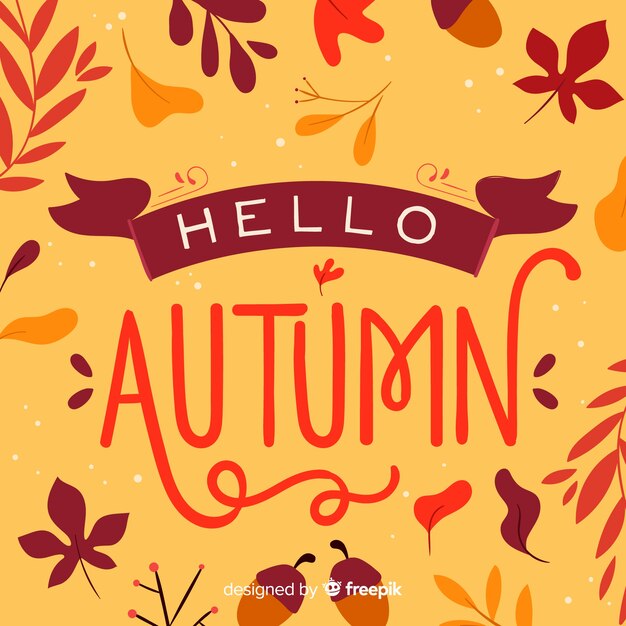 Fondo caligráfico de hola otoño con hojas