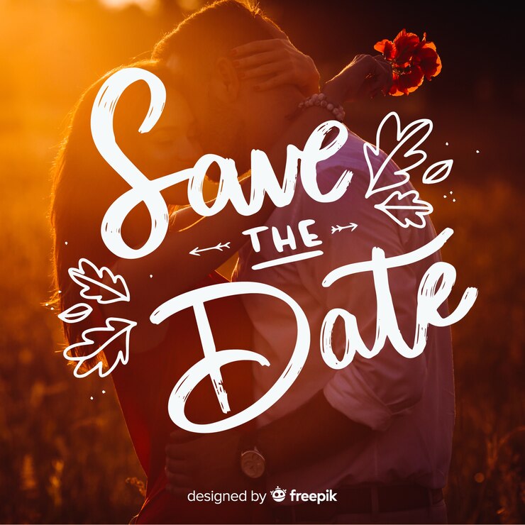 Vector gratuito fondo caligráfico de save the date con foto