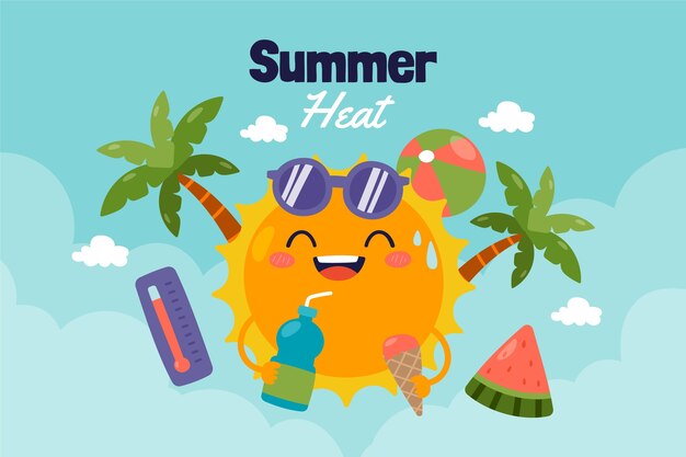 Fondo de calor de verano dibujado a mano con sol