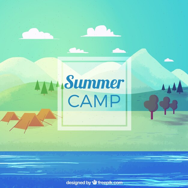 Fondo de campamento de verano con agua