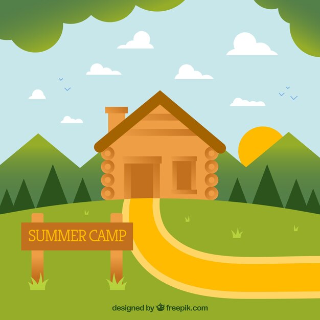 Fondo de campamento de verano con casa de madera
