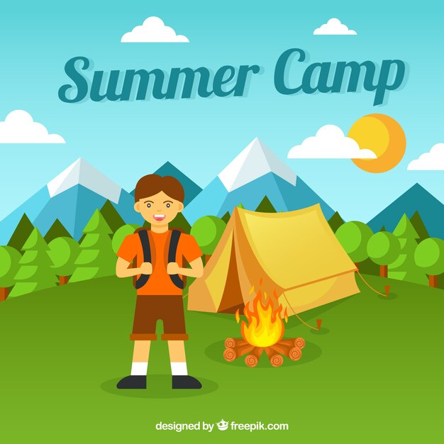 Fondo de campamento de verano con chico y tienda de campaña