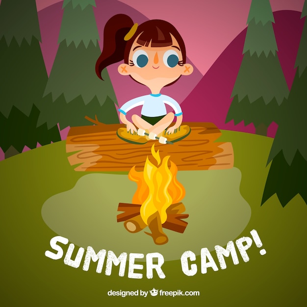 Fondo de campamento de verano dibujado a mano con niña