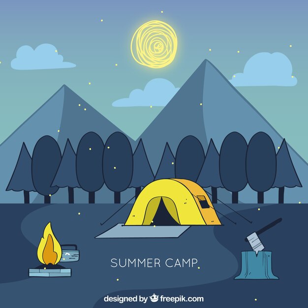 Fondo de campamento de verano dibujado a mano con pirámides