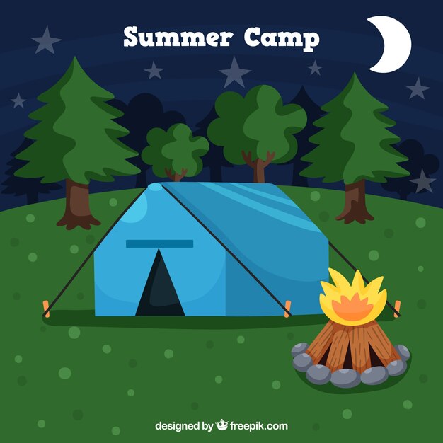 Fondo de campamento de verano dibujado a mano con tienda y hoguera
