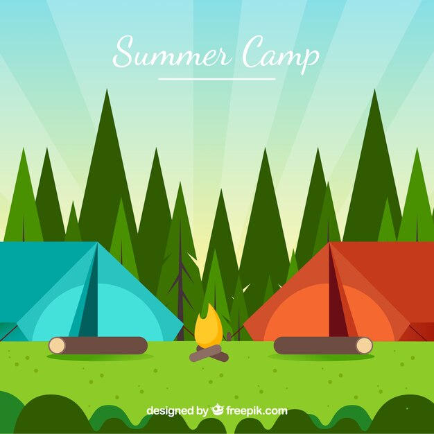 Fondo de campamento de verano con dos tiendas de campaña