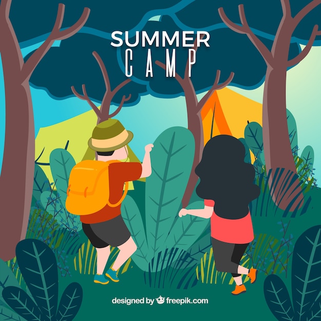 Vector gratuito fondo de campamento de verano con personas en la naturaleza