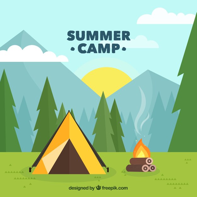 Fondo de campamento de verano con tienda de campaña y fogata