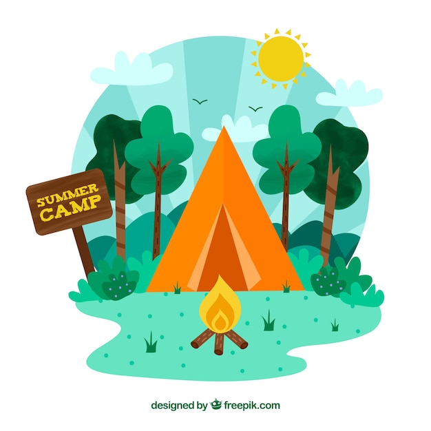 Vector gratuito fondo de campamento de verano con tienda de campaña naranja