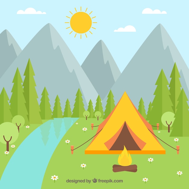 Fondo de campamento de verano con tienda de campaña y paisaje