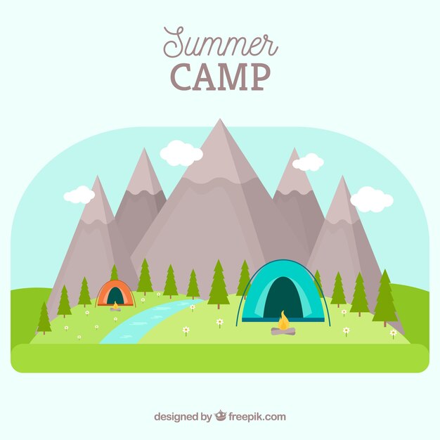 Fondo de campamento de verano con tiendas de campaña coloridas