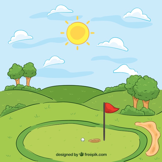 Vector gratuito fondo de campo de golf en estilo hecho a mano