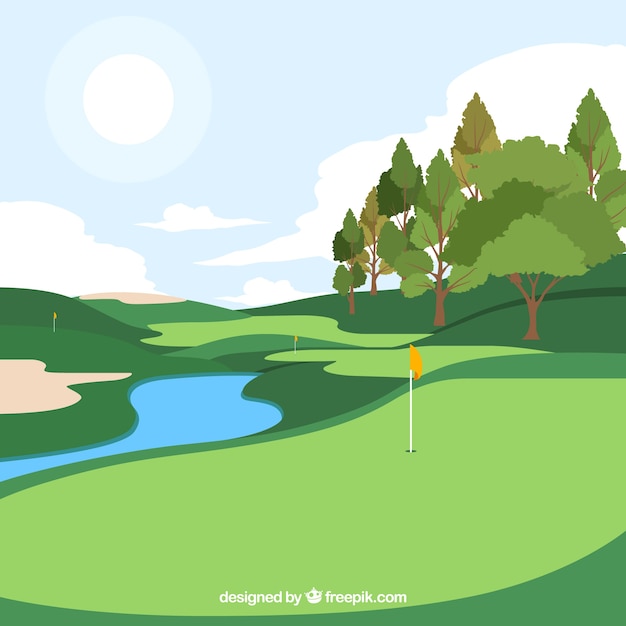 Vector gratuito fondo de campo de golf en estilo plano