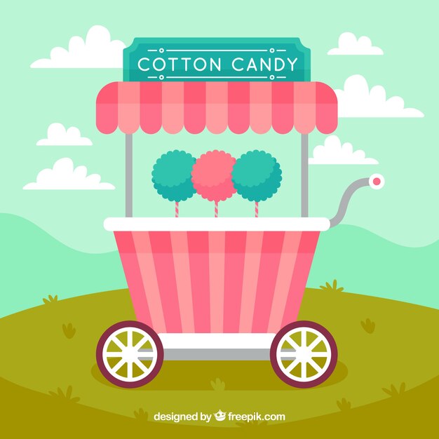 Fondo de carrito de algodón de azúcar en un paisaje 