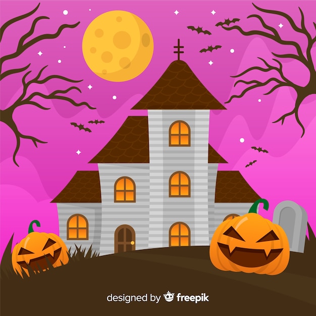 Fondo con casa encantada de halloween en diseño plano