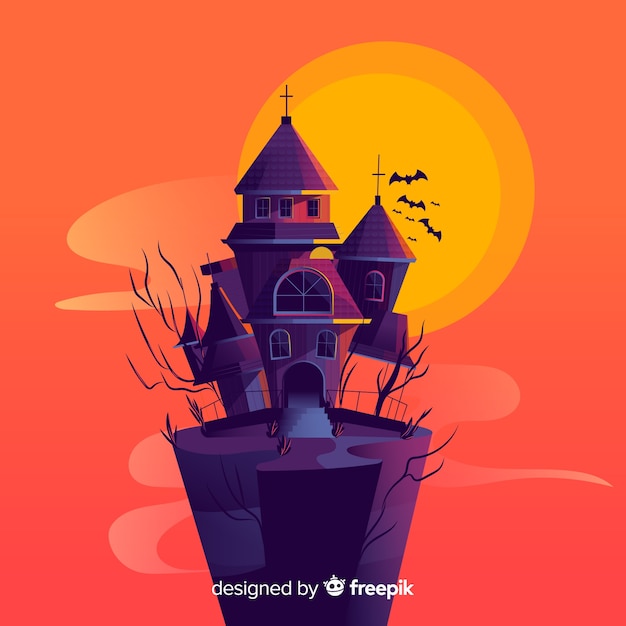 Fondo con casa encantada de halloween en diseño plano