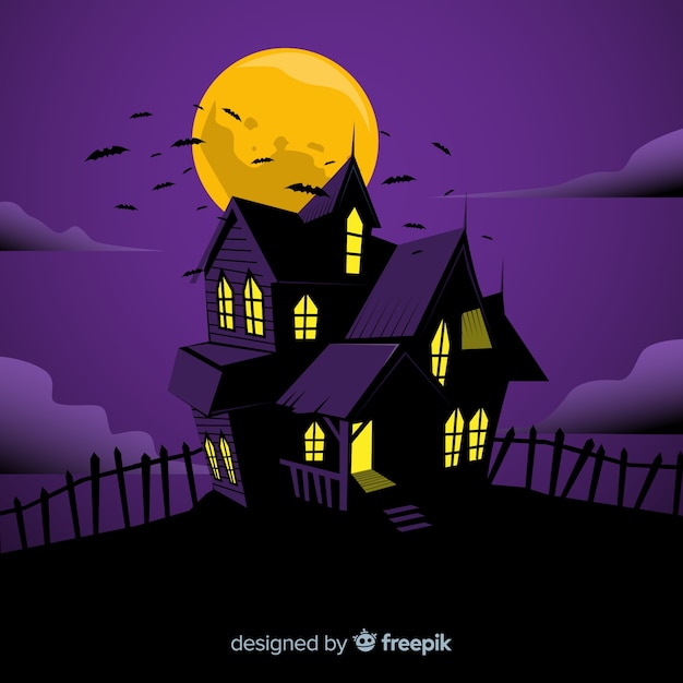 Fondo con casa encantada de halloween en diseño plano