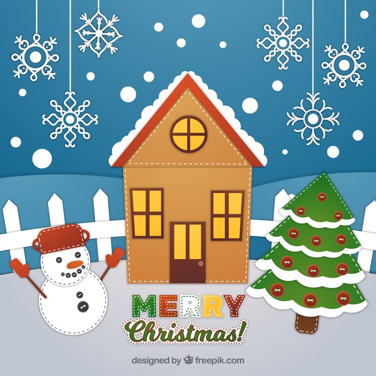 Vector gratuito fondo de casa y muñeco de nieve en diseño plano 