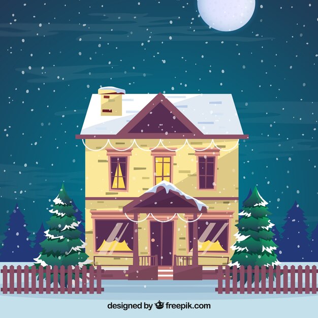 Fondo de casa navideña nevada 