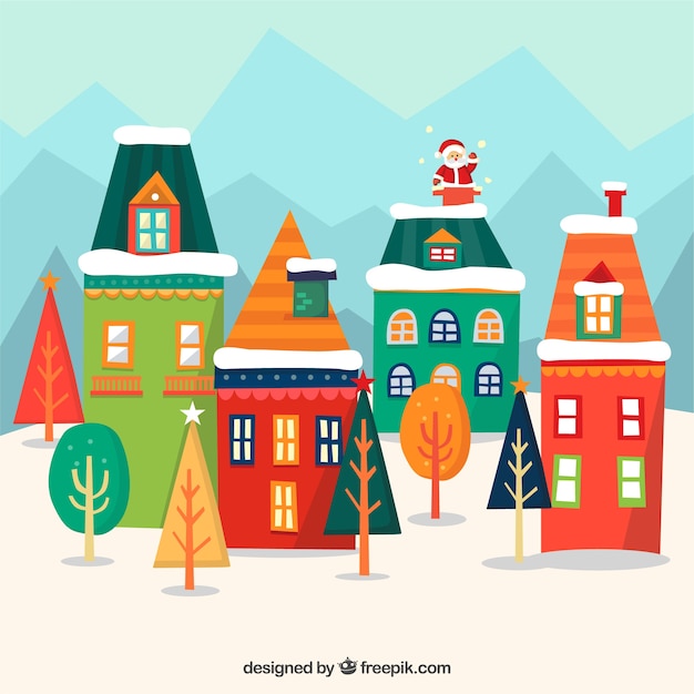 Vector gratuito fondo de casas geométricas de colores con santa claus