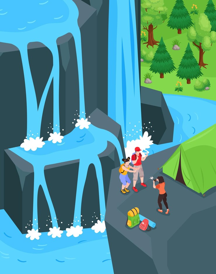 Vector gratuito fondo de cascada con símbolos de viaje y recreación ilustración vectorial isométrica
