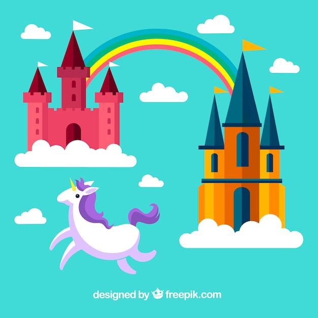 Vector gratuito fondo de castillos en diseño plano con arcoiris y unicornio