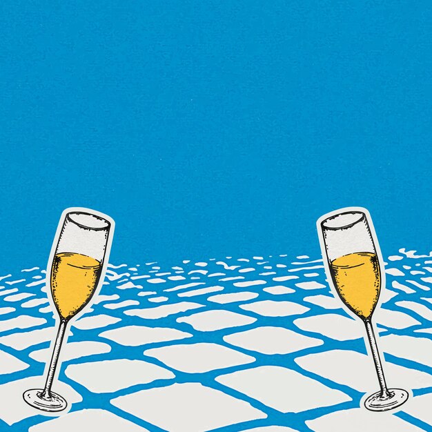 Fondo de celebración azul con copas de champán en estilo vintage