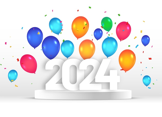 Vector gratuito fondo de celebración de la fiesta de año nuevo de 2024 con vector de globos coloridos