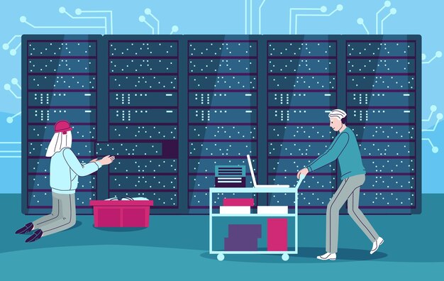 Fondo del centro de datos con símbolos de planificación del ciclo de vida ilustración vectorial plana