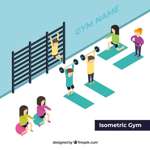 Vector gratuito fondo de centro de gimnasio en estilo isométrico