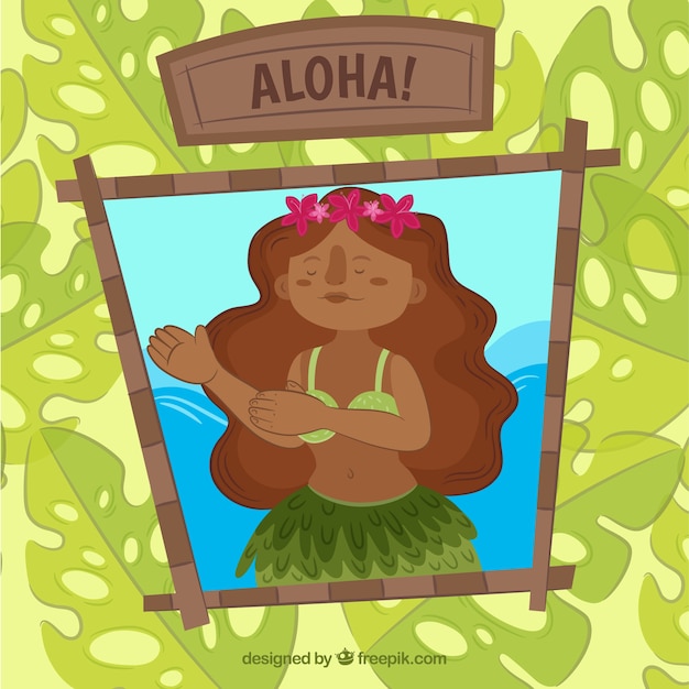 Vector gratuito fondo de chica hawaiana y hojas de palmeras