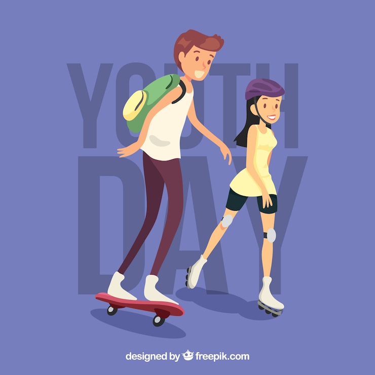 Vector gratuito fondo de chica con patines y chico con monopatín