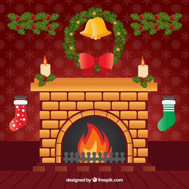 Fondo de chimenea con corona navideñas y ornamentos 