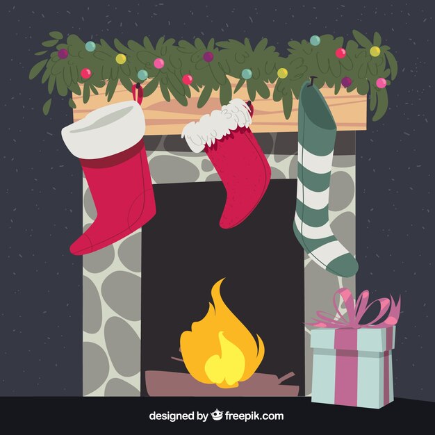 Fondo de chimenea con decoración de navidad