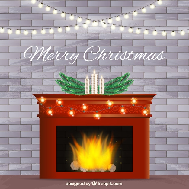 Fondo de chimenea encendida con adornos de navidad