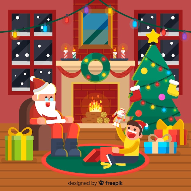 Fondo chimenea navidad santa con niño