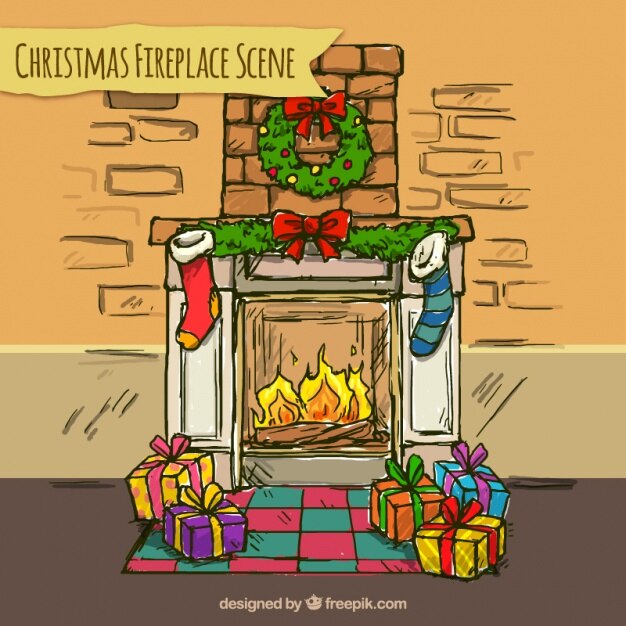 Fondo de chimenea con ornamentos navideños y regalos dibujados a mano 