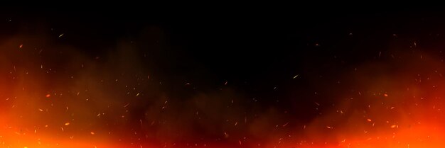 Fondo con chispas de fuego brasas y humo Efecto de superposición de infierno de parrilla de carbón quemado o hoguera con brillo de llama volando destellos naranjas y niebla sobre fondo negro vector ilustración realista