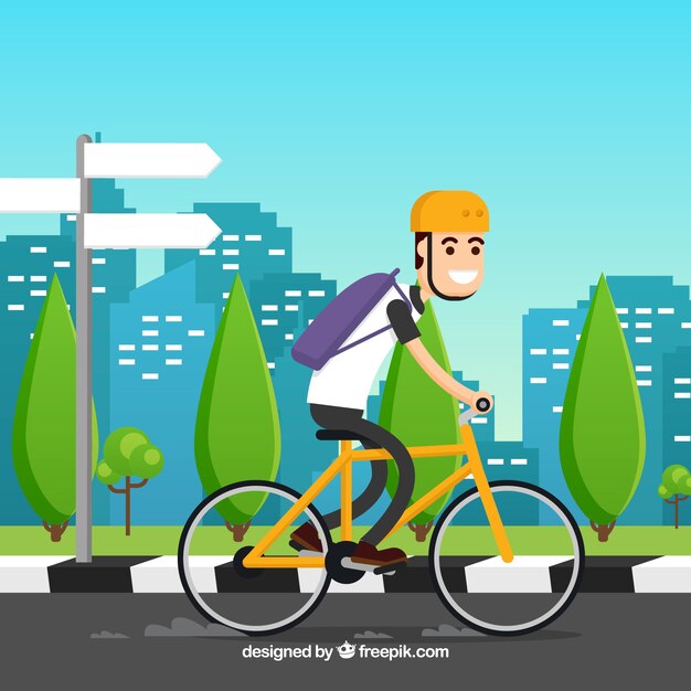 Fondo de ciclista por la ciudad en diseño plano