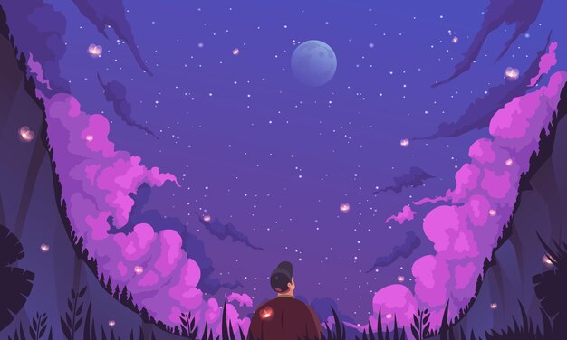 Fondo de cielo nocturno con símbolos de la naturaleza ilustración vectorial plana