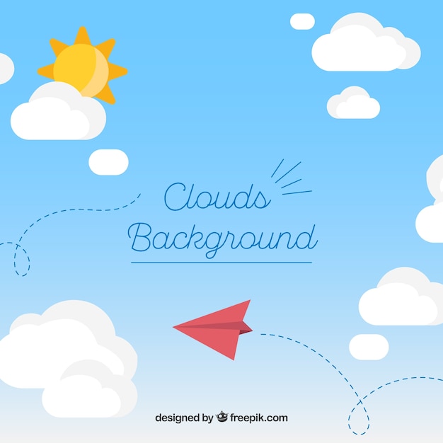 Vector gratuito fondo de cielo con nubes y avión de papel en estilo plano