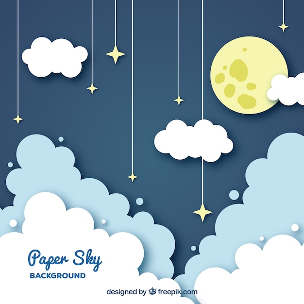 Fondo de cielo con nubes y luna en textura de papel