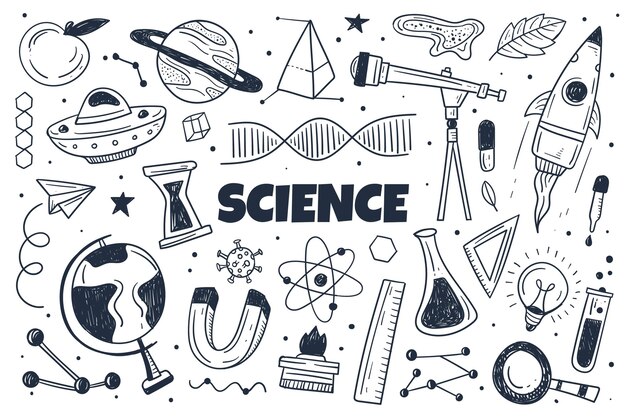 Fondo de ciencia dibujado a mano con conjunto de elementos