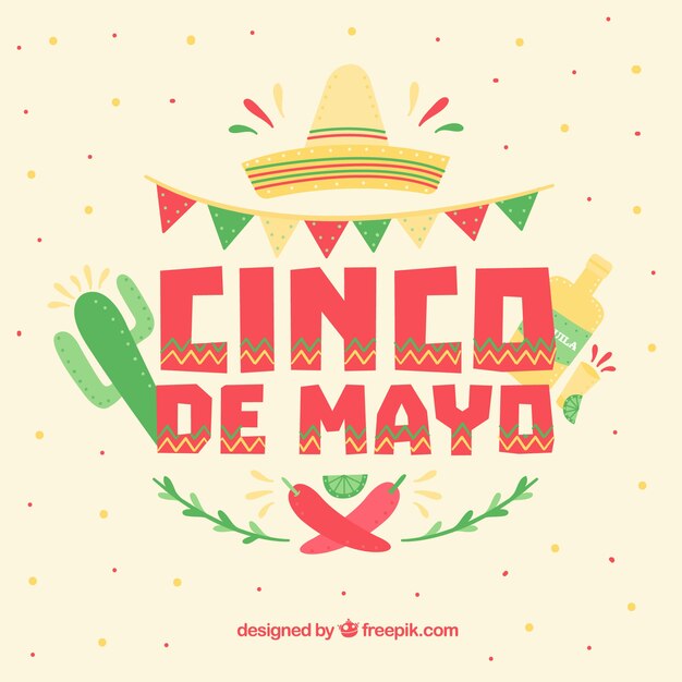 Fondo del cinco de mayo con artículos decorativos en diseño plano