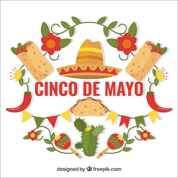 Fondo del cinco de mayo con comida tradicional y decoración floral