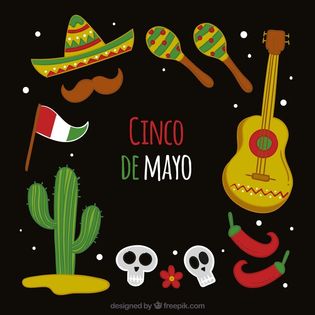 Fondo de cinco de mayo con elementos mexicanos en estilo hecho a mano
