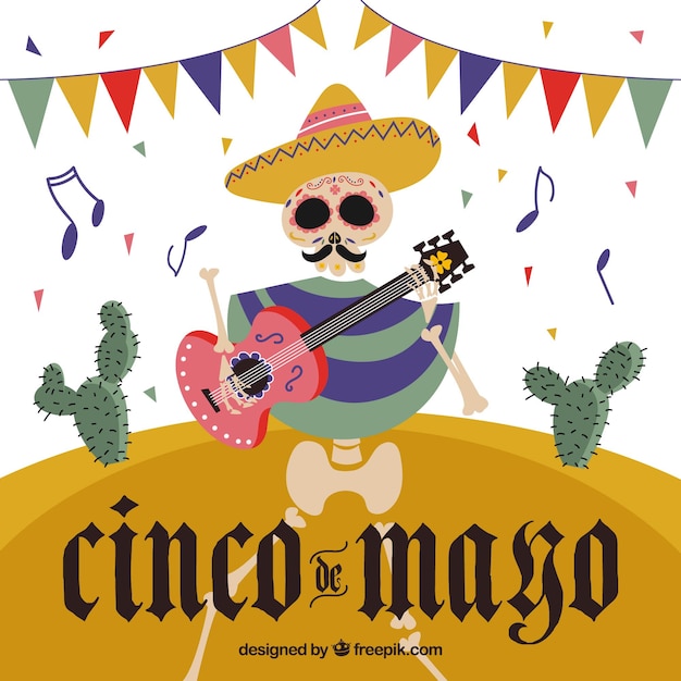 Fondo de cinco de mayo con esqueleto mexicano