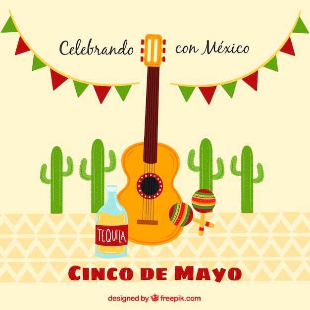 Vector gratuito fondo de cinco de mayo con guitarra y tequila